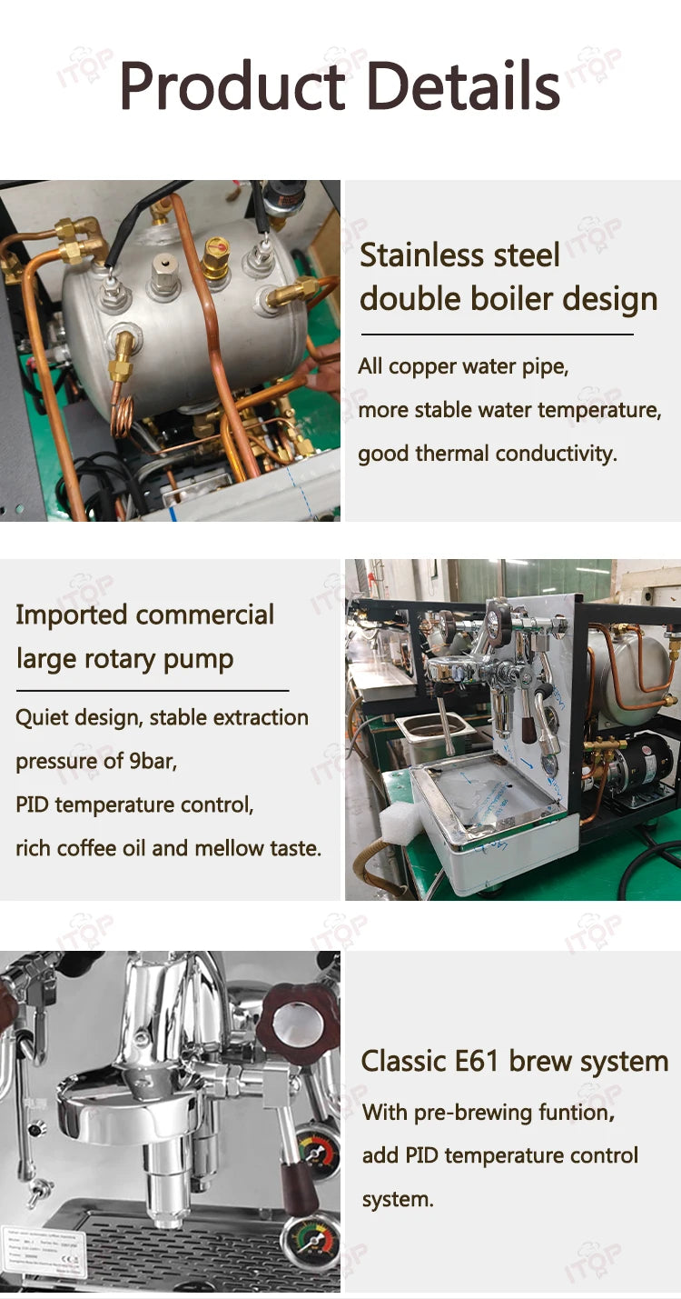 ITOP Coffee Machine Express Coffee Maker E61 Brewing Double Boiler Rotary Pump Copper Pipe 2000W N.W. 32kg 220-240V 50-60Hz