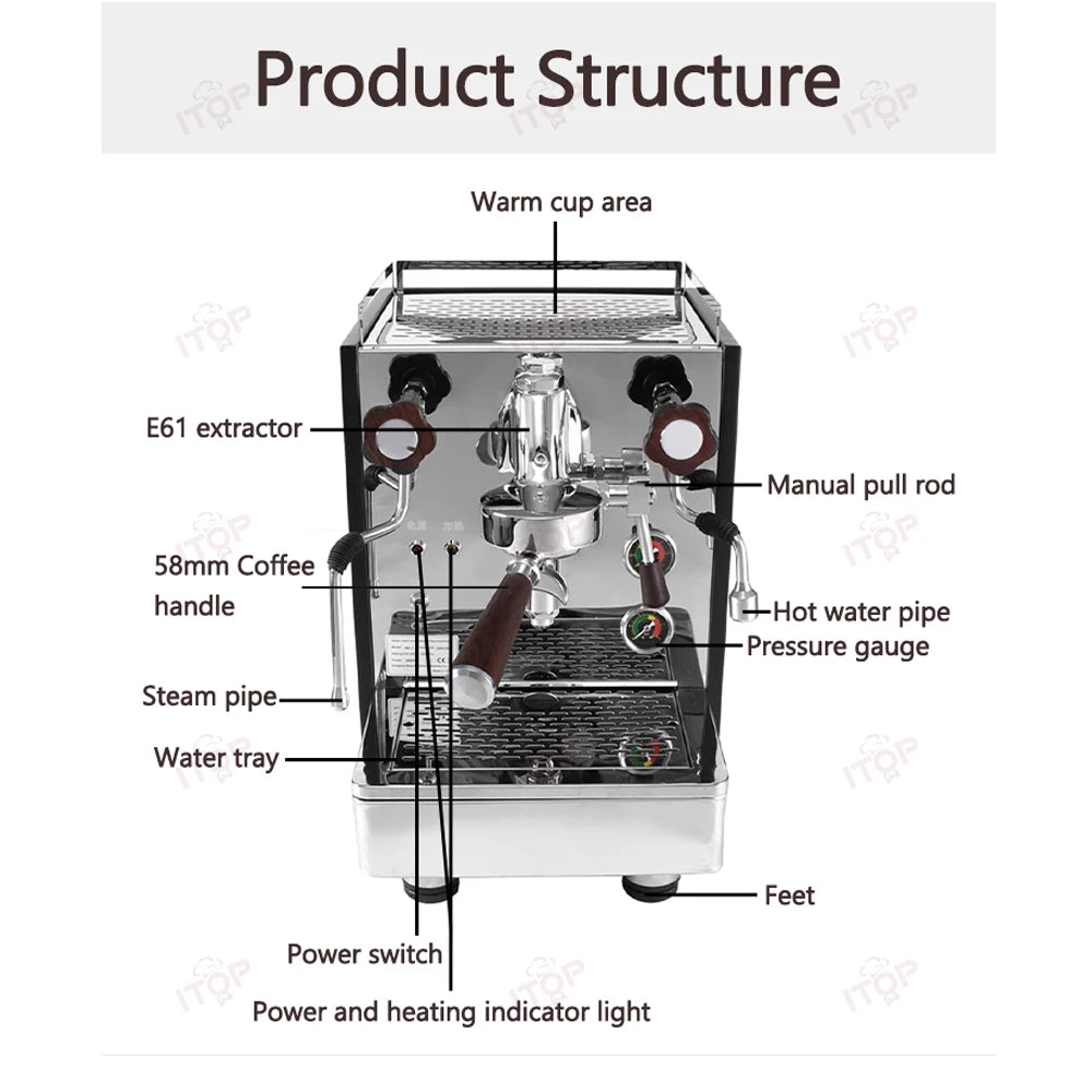 ITOP Coffee Machine Express Coffee Maker E61 Brewing Double Boiler Rotary Pump Copper Pipe 2000W N.W. 32kg 220-240V 50-60Hz