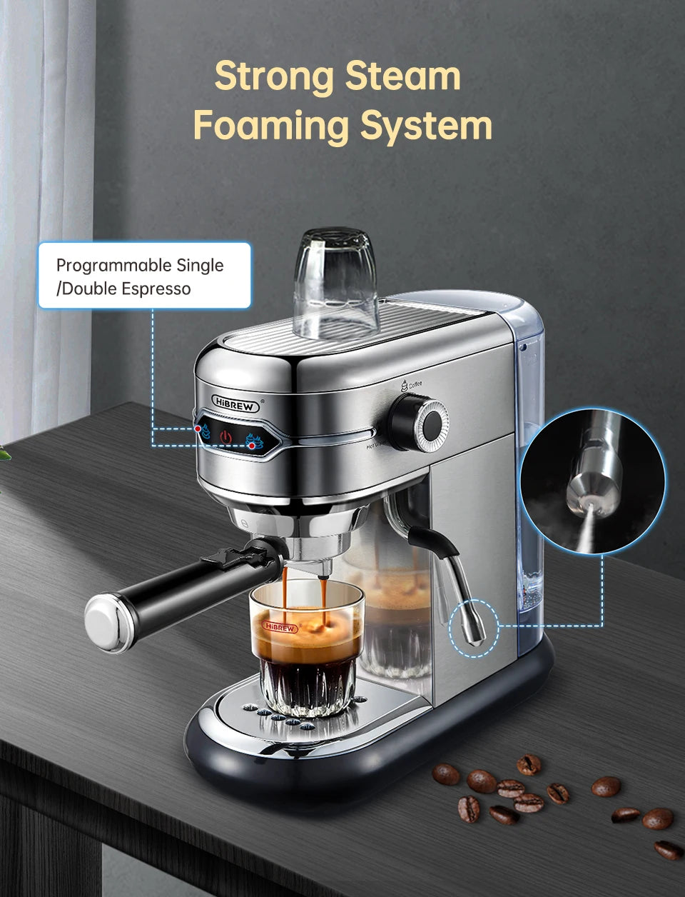 HiBREW Coffee Maker Cafetera 20 Bar Inox Semi Automatic Super Slim ESE POD& Powder Espresso Cappuccino Machine Hot Water H11