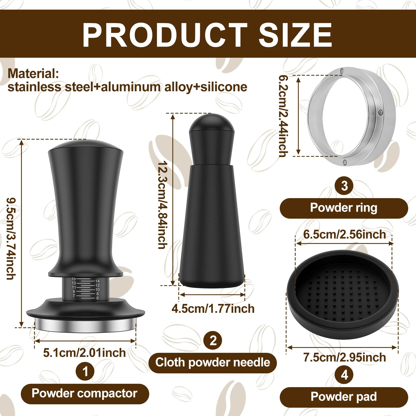Coffee Machine Accessories Kit with Coffee Tamper Dosing Ring Distribution Needle and Tamper Mat Barista Espresso Making Tools
