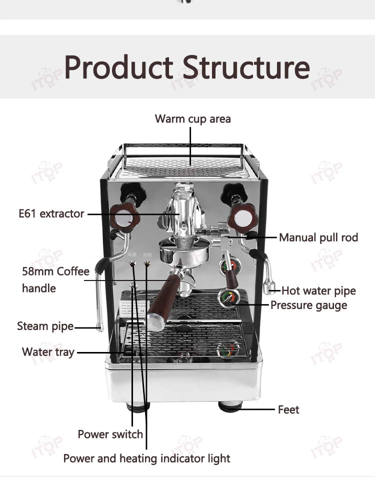 ITOP Coffee Machine Express Coffee Maker E61 Brewing Double Boiler Rotary Pump Copper Pipe 2000W N.W. 32kg 220-240V 50-60Hz