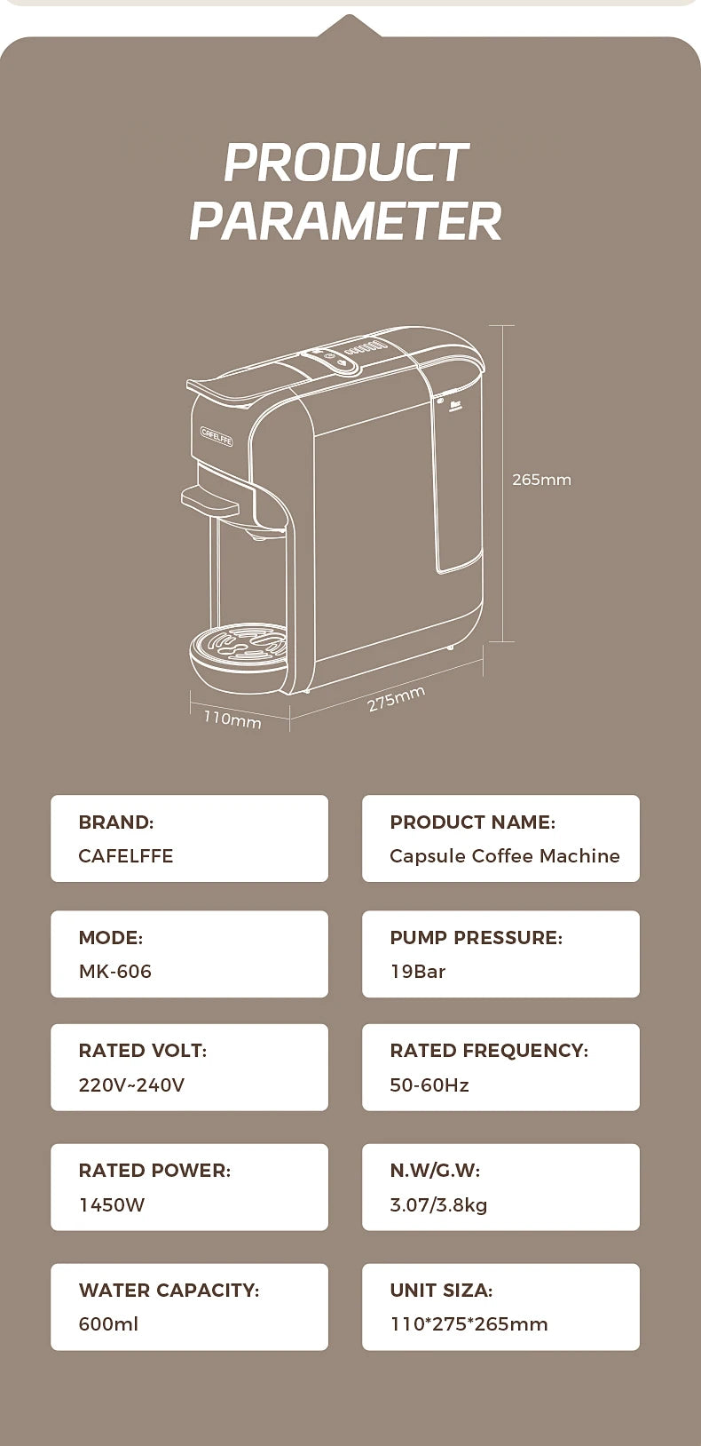 Cafelffe 5 in 1 Multiple Capsule Coffee Machine Hot/Cold DG Cappuccino Nespresso Capsule ESE Pod Ground Coffee Cafeteria 19Bar