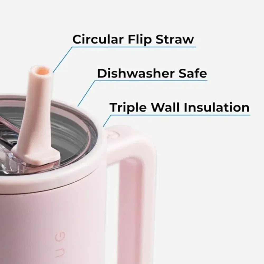 Tumbler Thermos with Handle and Simple Flip-top Straw Car Cup Holder Portable Leak-proof Vacuum Water Bottle 32 Oz