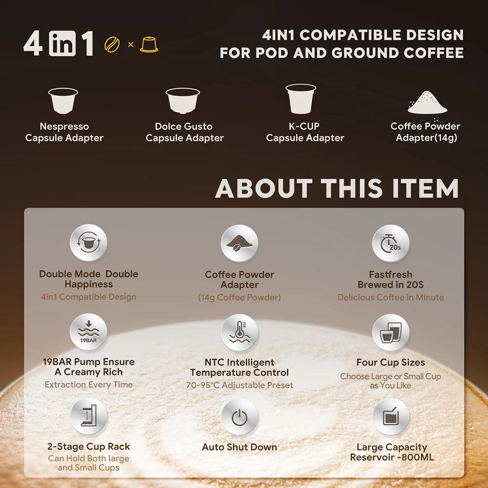 multi capsule espresso machine 19Bar Coffee machine 4IN1  Pod coffee machine DG NS k-cup Powder